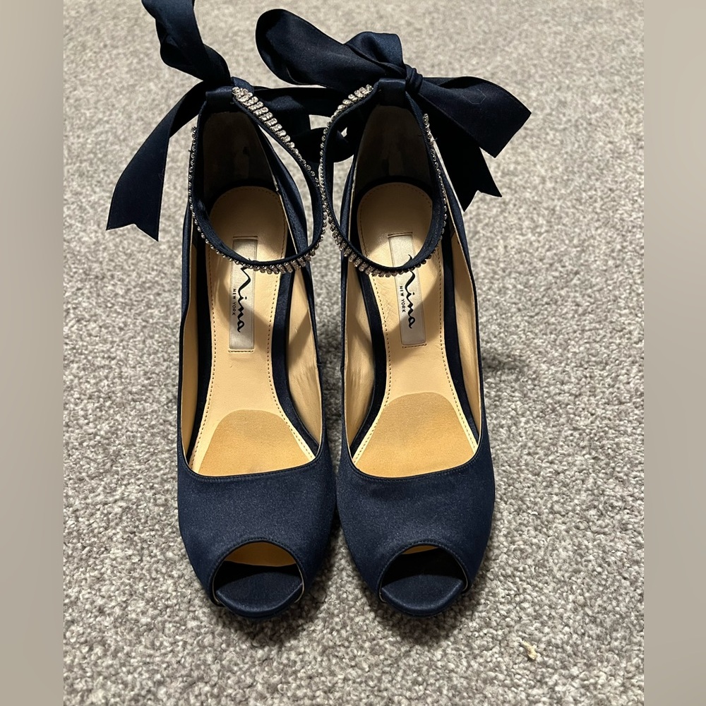 Nina Karen Luster Navy Blue Peep Toe Pumps Heels Rhinestone Ankle Strap Bow, 7.5